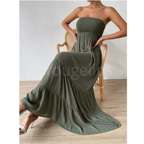Strapless Maxi Dress Long Army Green Shirred Top Flared - Picture 5 of 8